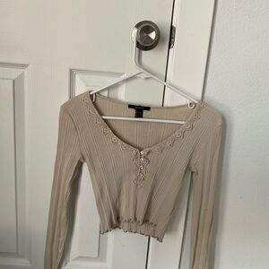 Forever 21 Neutral Ribbed Lace-Trim Long Sleeve Crop Top